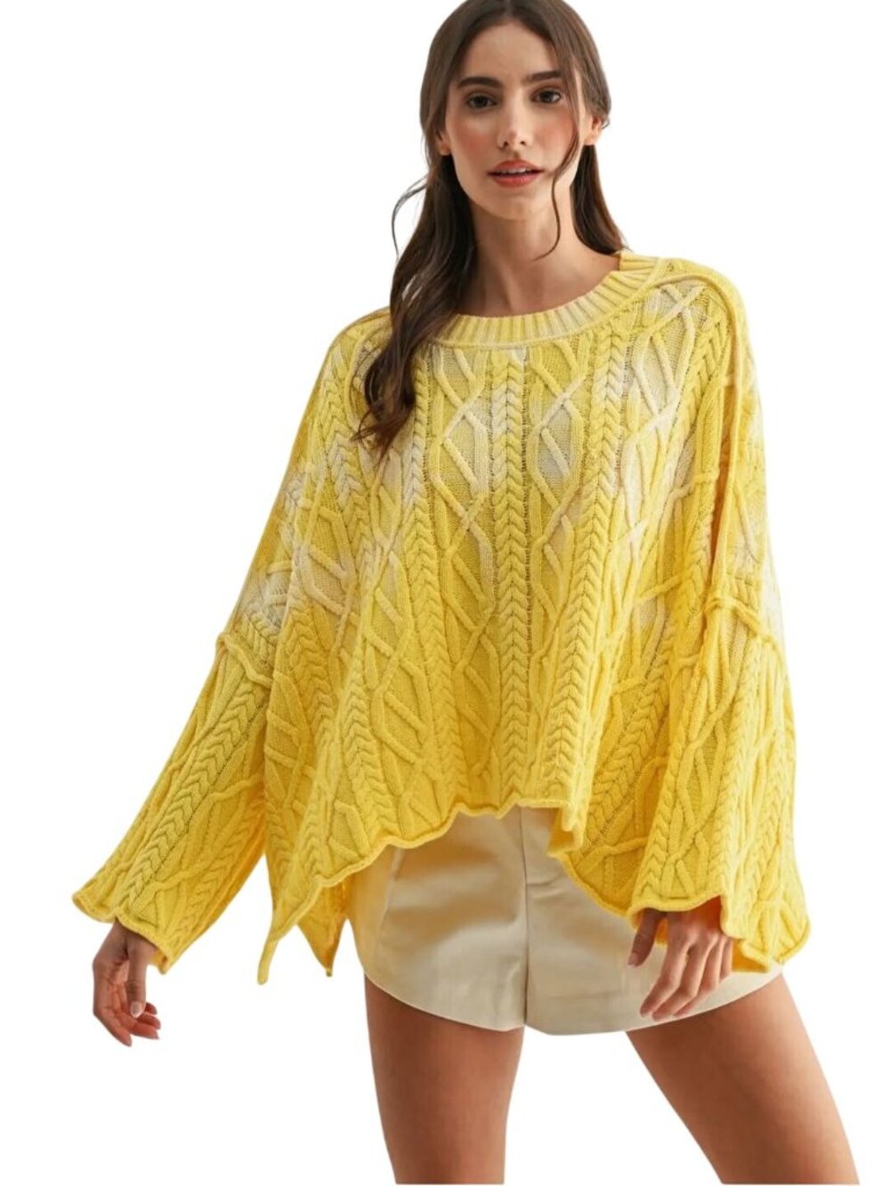 Free People Washed Ashore Butter Yellow CableKnit Very Oversized Sweater Size M